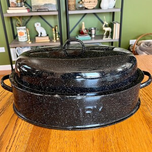 Savory Junior Roaster Vintage Enamel Graniteware Roasting Pan Navy Blue Speckled