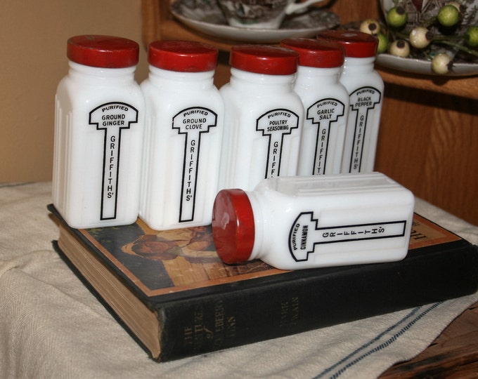 Six 6 Vintage Griffiths Milk Glass Spice Jars With Red Lids Etsy