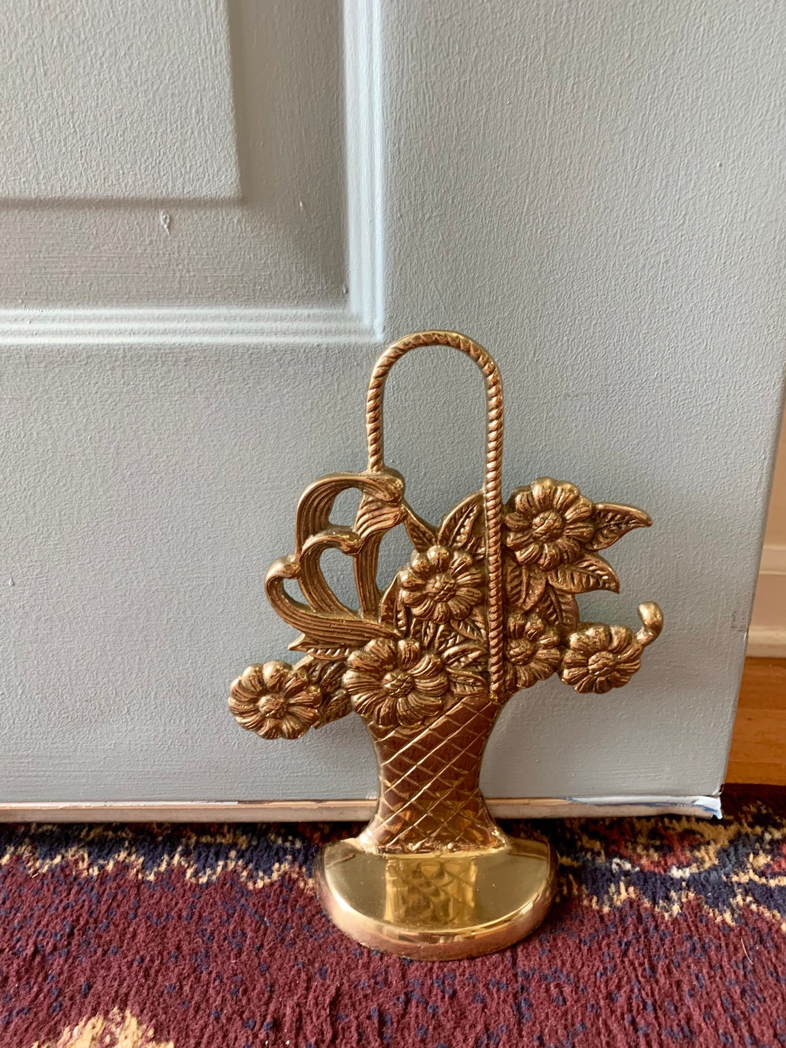 Solid Brass Flower Basket Door Stop Bookend Heavy Brass Shabby Etsy