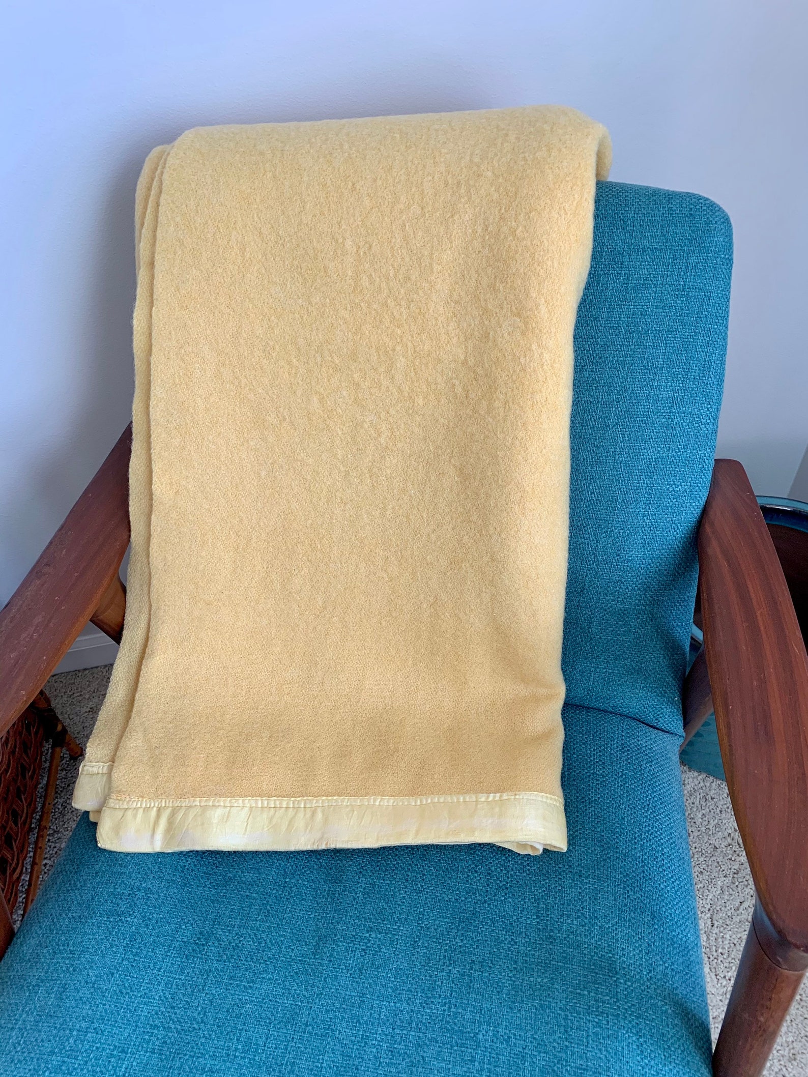 Old Fashioned Blankets With Satin Trim Uk Vintage Yellow Wool Blanket Satin Trim Twin Throw Rustic | Etsy