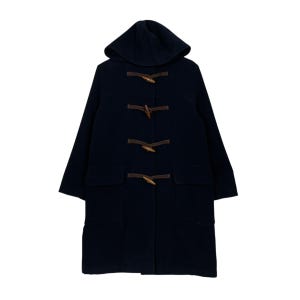 May include: A navy blue duffel coat with a hood, wooden toggles, and two front pockets. The coat is a classic style, suitable for cold weather. The coat is made of a thick, warm material.