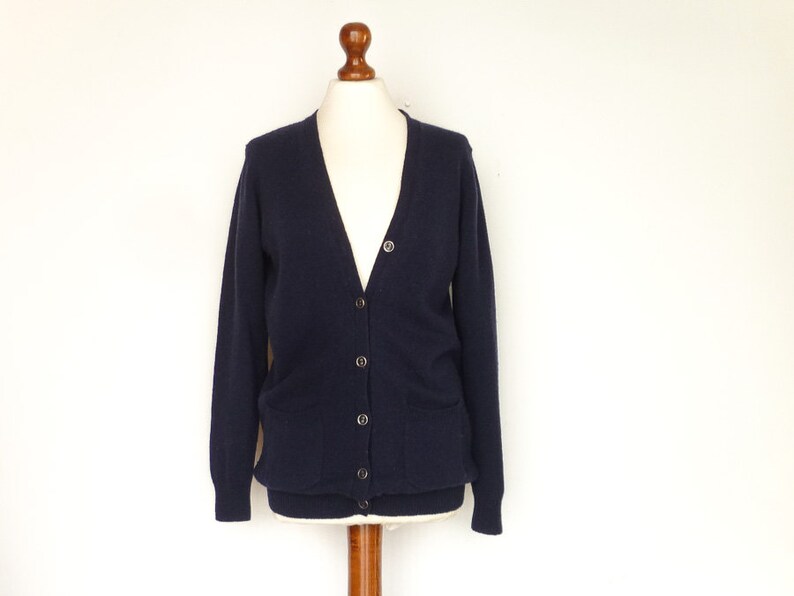 Vintage Womens Cardigan Wool Woolen Navy Blue Buttoned Front Pockets Classic Minimalist small medium