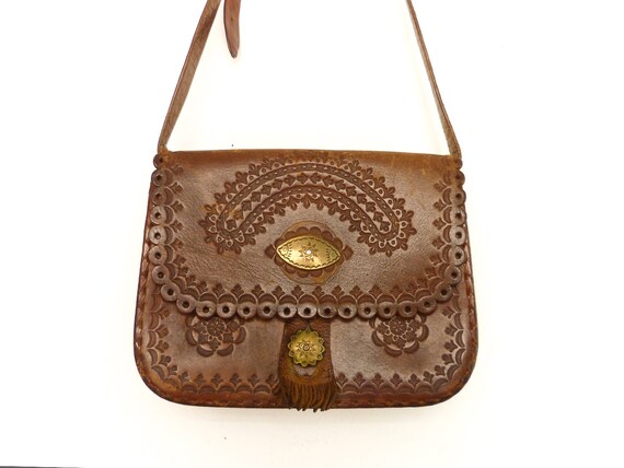 Boho Leather Bag Medium Size Thick and Sturdy Lovely Brown Tooled Leather Shoulder Purse Bag VINTAGE 1970/'s