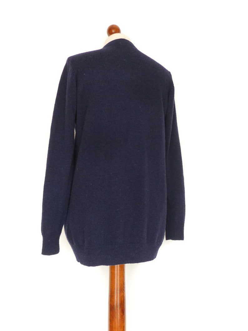 Vintage Womens Cardigan Wool Woolen Navy Blue Buttoned Front Pockets Classic Minimalist small medium