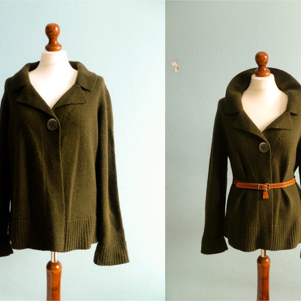 Vintage forest green cardigan sweater / wool wollen / slouchy / medium large