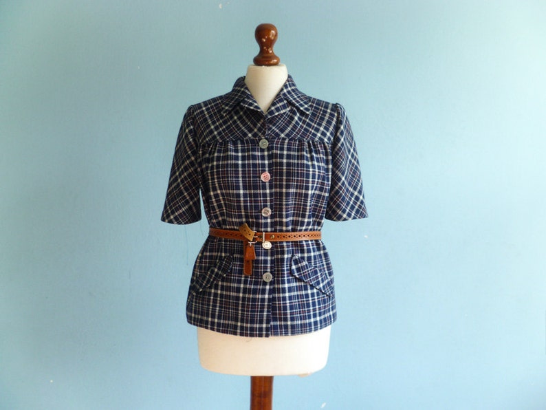 Vintage Plaid Blazer Top Blouse Navy Blue Check Checked Short Sleeve Button Up Cropped Hand Made
