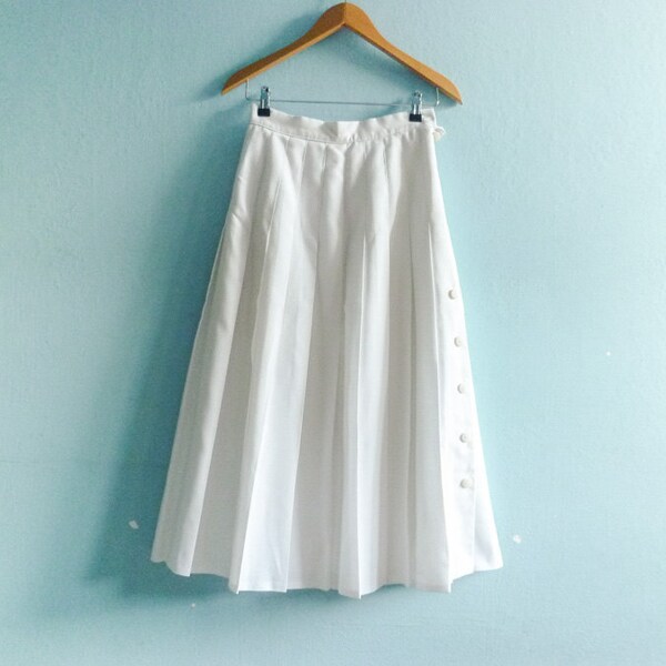 Vintage blanco de falda plisada una línea / alta clásicos preppy talle / retro / midi / pequeño