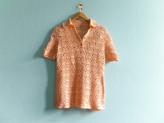 Vintage Crochet Top Blouse / Crocheted / Salmon Pi