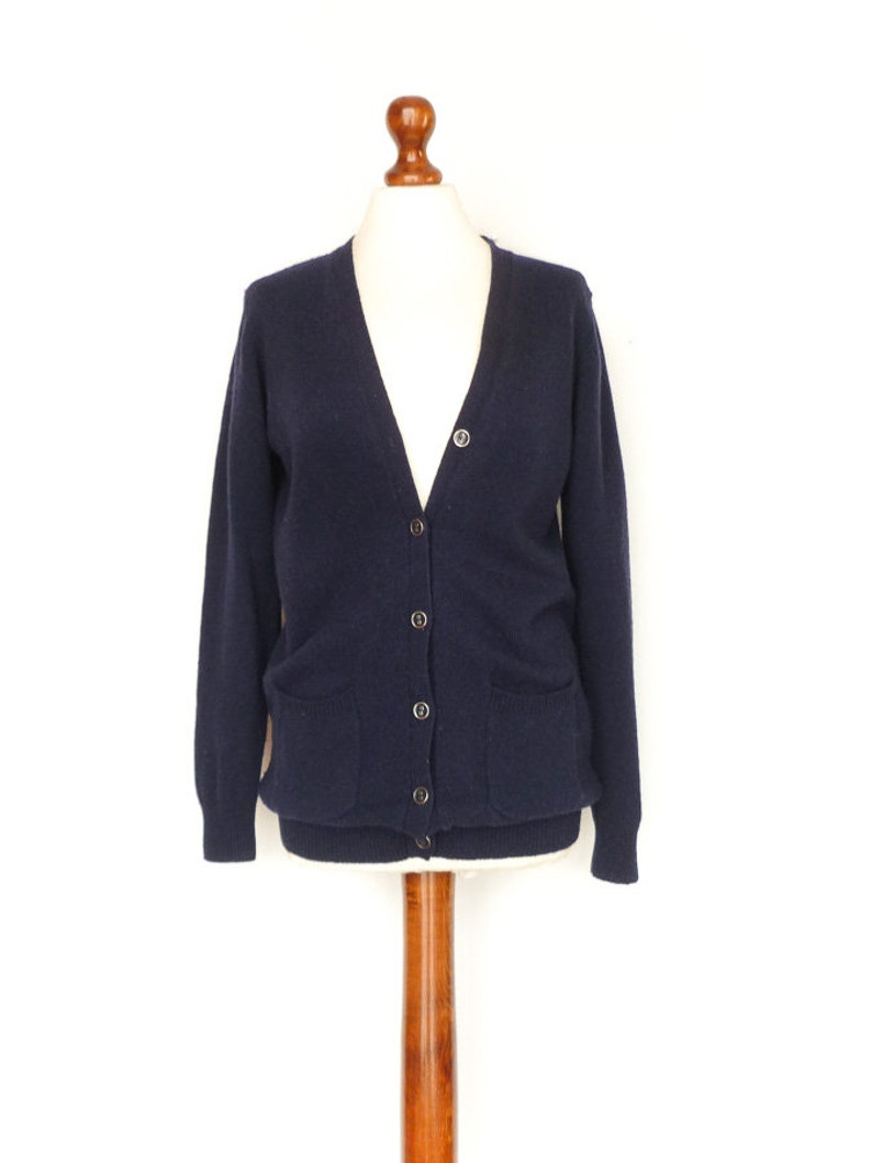 Vintage Womens Cardigan Wool Woolen Navy Blue Buttoned Front Pockets Classic Minimalist small medium