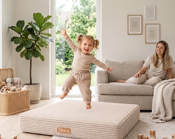 Cama elástica infantil de espuma personalizada para interiores, lona de salto de pana beige con muelles, colchón suave para niños.