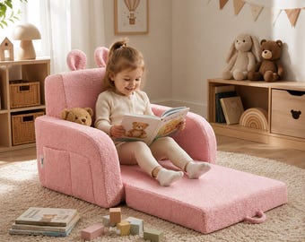 Sillón plegable infantil personalizado, silla de espuma 2 en 1 de bouclé rosa para sala de juegos.