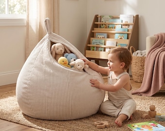 Fodera per pouf contenitore in velluto a coste beige, pouf contenitore per cameretta bambini, seduta morbida per riporre giocattoli, 100x65 cm