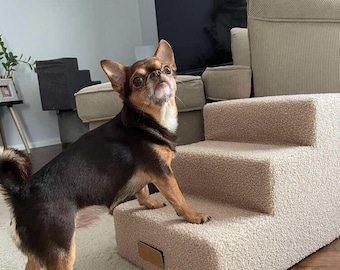 Gepersonaliseerde hondentrap met 3 treden – Bouclé-stof voor huisdieren, katten, kleine honden, wasbaar, schuimkussen, hulpmiddel voor kleine rassen en oudere huisdieren