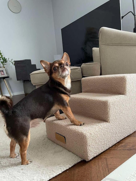 Otauoaea Hondentrap voor kleine honden, 3 treden, antislip, huisdiertrap, kattentrap, hondenhelling van spons voor bank, bed, hondentrappen met afneembare overtrek, pluisrol, grijs