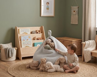 Fodera per pouf contenitore in bouclé grigio, pouf contenitore per cameretta bambini, seduta morbida per riporre giocattoli, 100x65 cm