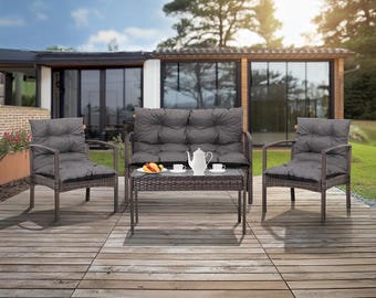 Rattan Garden Furniture Cushions Set of 3 Dark Grey, Outdoor Replacement Sofa & Chair Cushions, Waterproof Quilted Patio Set