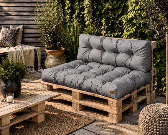 Gestepptes Palettenkissen-Set, hellgrau, wasserfest, für den Außenbereich, Sitzkissen 120 x 80 cm, Rückenlehne 120 x 40 cm, Garten-, Terrassen-, Balkon- und Sofa-Sitzkissen