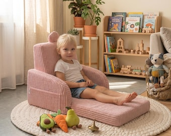 Sillón plegable infantil personalizado, de pana rosa, 2 en 1, de espuma, para sala de juegos.