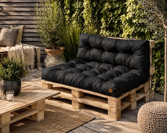 Gestepptes Palettenkissen-Set, schwarz, wasserdicht, für Gartenmöbel, Terrasse, Balkon, Garten, Terrasse und Sofa, 120 x 80 cm, Sitzkissen 120 x 40 cm