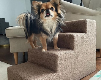 Personalized 4-Step Dog Stairs – Bouclé Fabric Pet Steps for Cats Small Dogs, Washable, Foam Cushion, Aid for Small Breeds and Senior Pets
