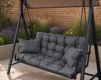 Conjunto de cojines acolchados para columpio de jardín con respaldo y 2 almohadas a juego, cojín para banco de exterior de 3 plazas, 148 cm, gris oscuro.