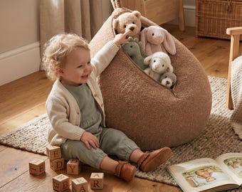 Boucle Stuffed Animal Storage Bean Bag Cover in Dark Beige, Kids Room Storage Pouf, Soft Toy Storage Seat, 100x65 cm