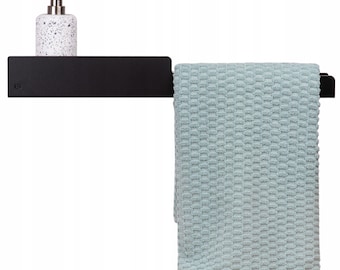 Estantería de baño con toallero a la derecha, organizador de pared de aluminio negro, 60 cm