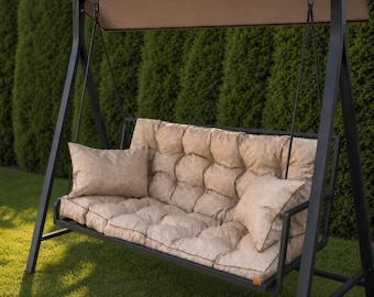 Conjunto de cojines acolchados para columpio de jardín con respaldo y 2 almohadas a juego, cojín para banco de exterior de 3 plazas, 148 cm, beige.