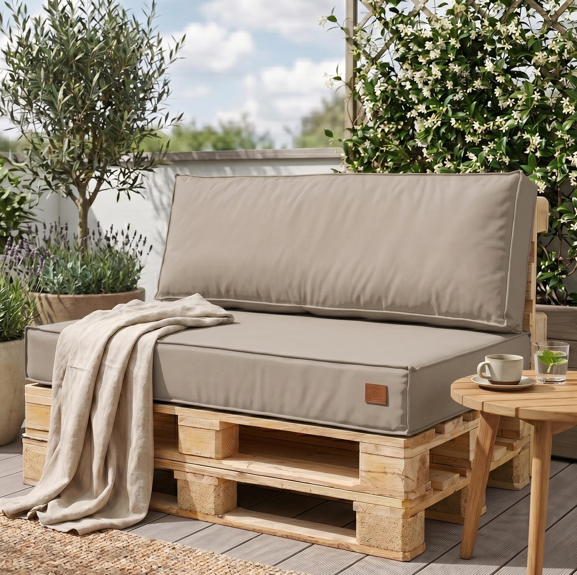 Palettenkissen-Set Beige, wasserfeste Palettenmöbelkissen 120x80 cm, Sitzkissen 120x40 cm, Rückenlehne 120x40 cm, Garten-, Terrassen-, Balkon- und Outdoor-Sofa
