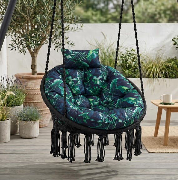 Rundes Hängekissen für Eierstühle, grünes Blattmuster, wasserdicht, 100 cm, gestepptes Sitzkissen für Garten, Terrasse oder Balkon mit Kopfstütze