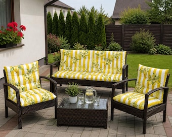 Juego de 3 cojines de ratán para muebles de jardín con estampado de limones, cojines de repuesto para sofá y silla de exterior, juego de patio acolchado e impermeable