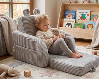 Sillón plegable infantil personalizado, silla de espuma 2 en 1 de pana gris para sala de juegos.