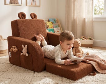 Sillón plegable infantil personalizado, silla de espuma 2 en 1 de bouclé marrón para sala de juegos.