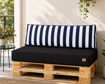 Juego de cojines de palets negros con rayas azul marino, cojines impermeables para muebles de palets, asiento de 120 x 80 cm, respaldo de 120 x 40 cm, sofá de exterior para patio.