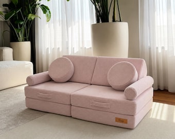 Conjunto de sofá de juegos personalizado para niños: sofá modular de espuma, muebles Montessori para niños, sofá de pana suave, regalo de juego creativo, rosa.