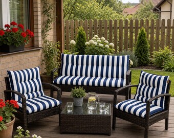 Juego de 3 cojines de ratán para muebles de jardín con estampado de rayas azul marino, cojines de repuesto para sofá y silla de exterior, juego de patio acolchado e impermeable