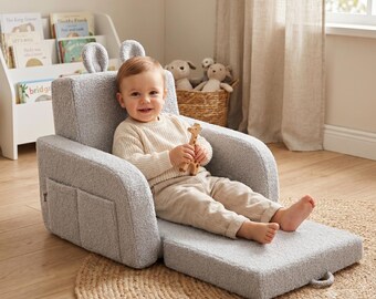Sillón plegable infantil personalizado, silla de espuma 2 en 1 de bouclé gris para sala de juegos.