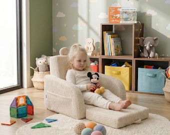 Sillón plegable infantil personalizado, pana color crema claro, silla de espuma 2 en 1 para sala de juegos.