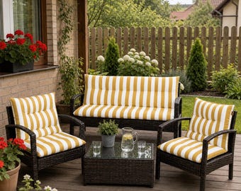 Juego de 3 cojines de ratán para muebles de jardín con estampado de rayas beige, cojines de repuesto para sofá y silla de exterior, juego de patio acolchado e impermeable