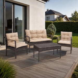 Set di 3 cuscini per mobili da giardino in rattan, beige, cuscini di ricambio per divano e sedia da esterno, set da patio trapuntato impermeabile