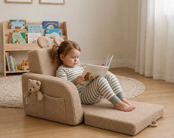 Sillón plegable infantil personalizado, color beige oscuro, de espuma bouclé, 2 en 1, para sala de juegos.
