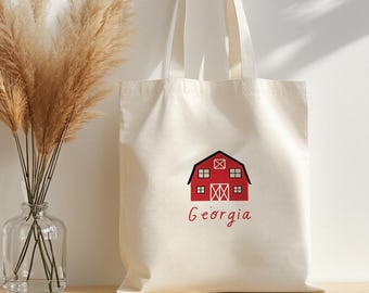 Borsa tote in tela di cotone con stampa di un fienile rosso e del nome della Georgia, borsa riutilizzabile per la spesa e per l'insegnante, borsa da viaggio personalizzata in stile fattoria