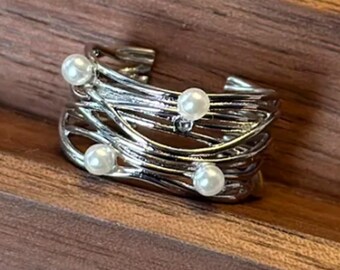Pearl open ring zilver, verstelbare statement ring voor vrouwen, minimalistische meerlaagse wikkelring, verjaardagscadeau voor haar