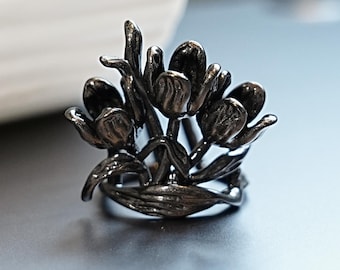 Tulpenboeketring｜Verstelbare bloementuinsieraden｜Handgemaakte ring in zilver of donkere metalen afwerking｜geboorte april bloemencadeau voor haar