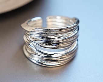 Verstelbare zilveren statementring, minimalistische open ring voor vrouwen, brede stapelring, verjaardagscadeau voor haar