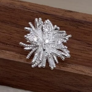 Puede incluir: Un broche plateado con forma floral, con un diseño texturizado y puntiagudo. El broche se encuentra sobre una superficie de madera marrón oscuro, resaltando sus intrincados detalles y cualidades reflectantes. El diseño del broche se asemeja a una explosión de luz.