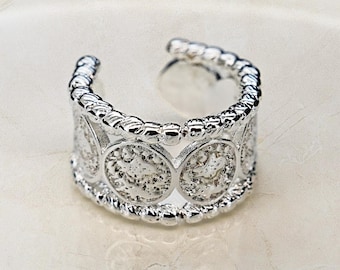 Sterlingzilveren muntontwerpring met delicate reliëfdetails • Minimalistische ring, cadeau voor vrouwen