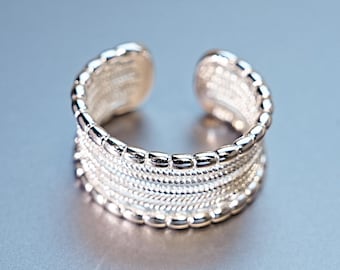 Zilveren statementring, verstelbare open band, minimalistische meerlaagse sieraden, verjaardagscadeau voor haar, brede manchetring