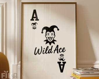 Wild Ace Wandkunst, Joker Spielkarte Poster, moderner schwarz weißer Dekordruck, stilvolles minimales Kunstwerk, digitaler Download