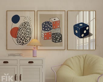 Moderne Würfel Wand Kunst 3er-Set, Abstrakte Leopard Würfel Drucke, Navy Terrakotta Boho Dekor, Kasino inspiriert Minimal Kunstwerk, digitaler Download